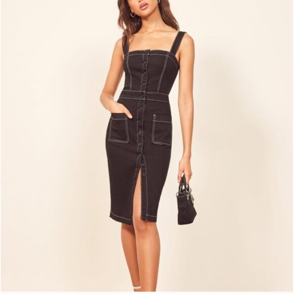 Reformation Roxanna Denim Dress 6 Black Button Down Straps Pockets - Picture 1 of 14